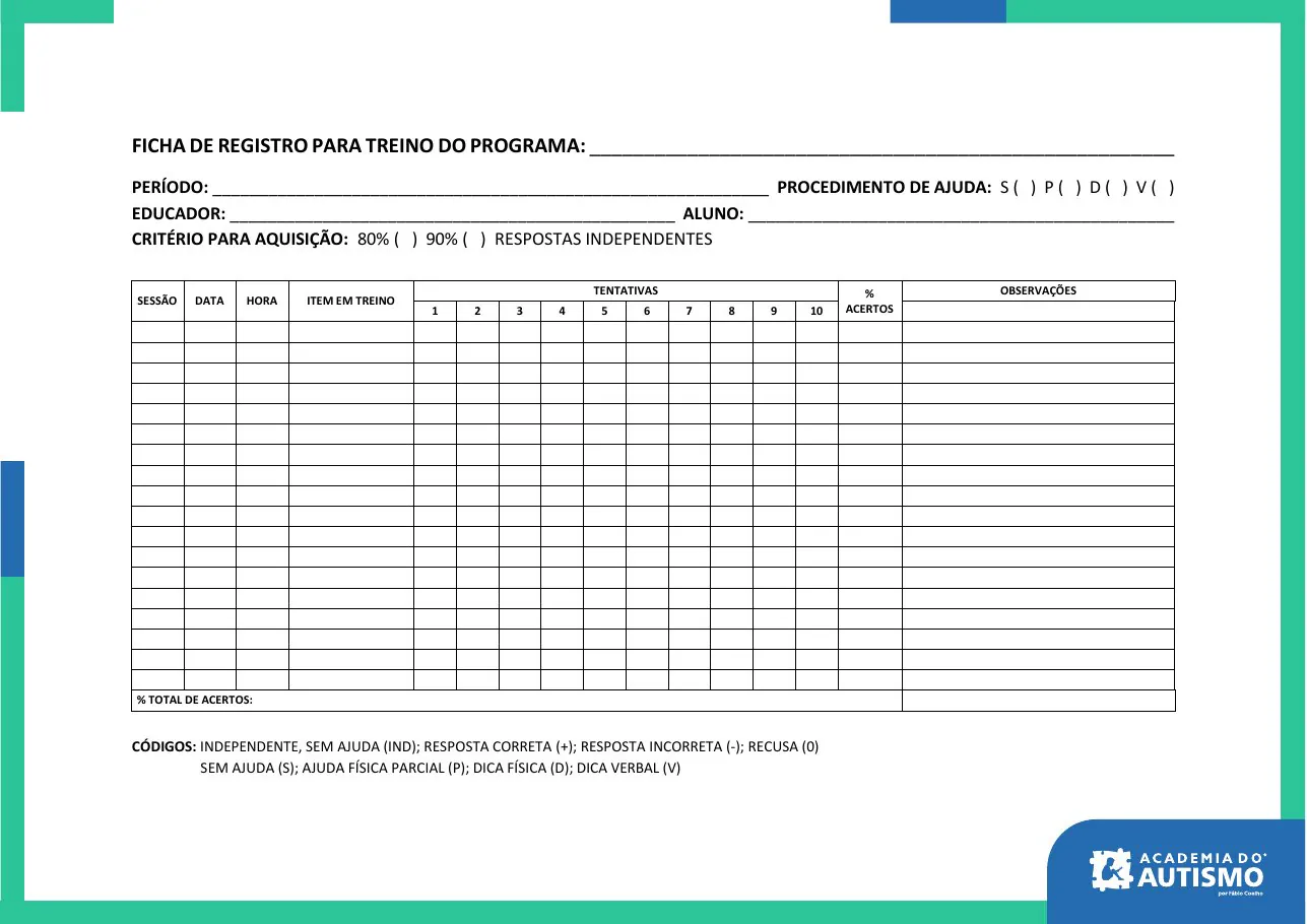 Ficha de registro para treino do programa, com 10 tentativas e códigos de ajuda